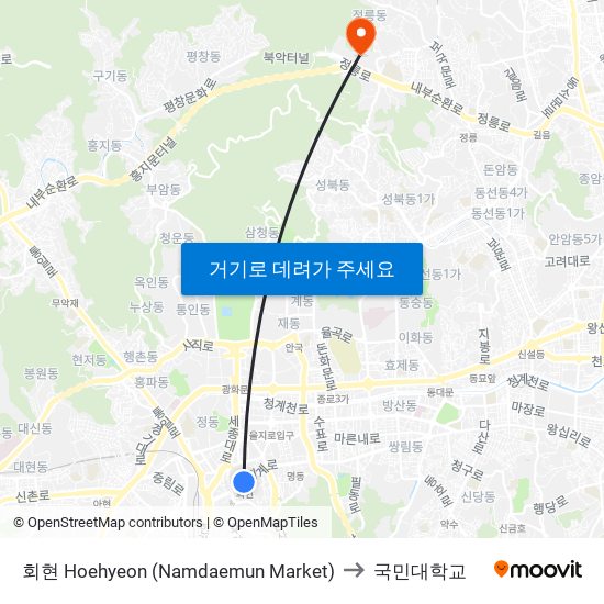 회현 Hoehyeon (Namdaemun Market) to 국민대학교 map