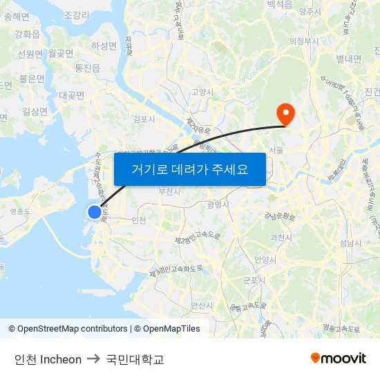 인천 Incheon to 국민대학교 map