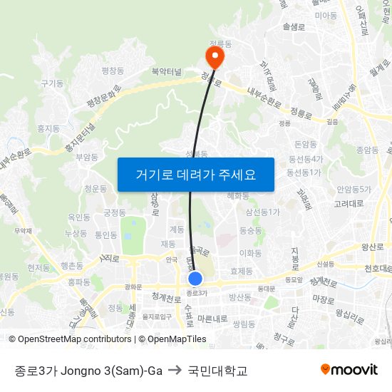 종로3가 Jongno 3(Sam)-Ga to 국민대학교 map