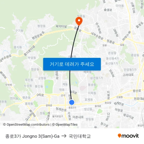 종로3가 Jongno 3(Sam)-Ga to 국민대학교 map