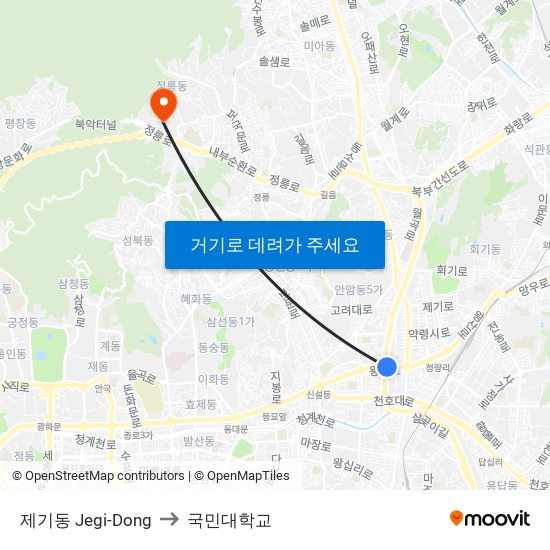 제기동 Jegi-Dong to 국민대학교 map