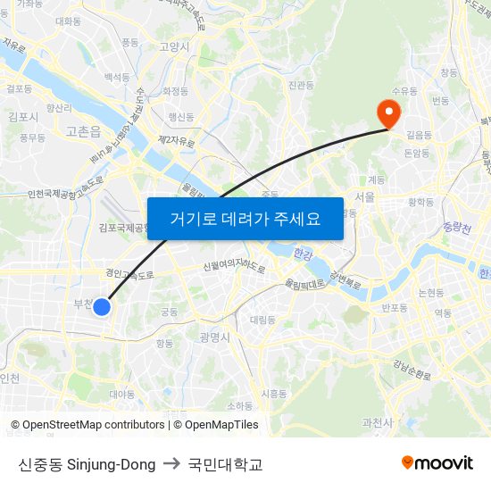 신중동 Sinjung-Dong to 국민대학교 map