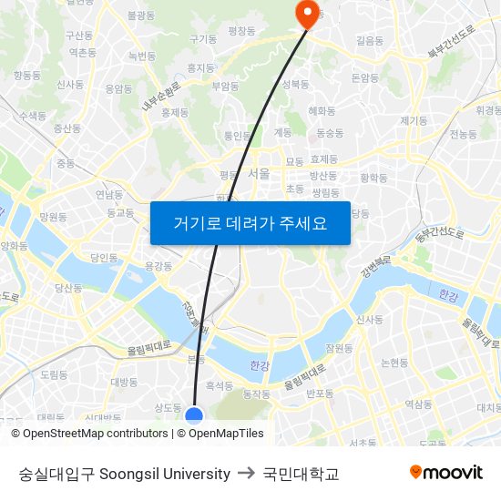 숭실대입구 Soongsil University to 국민대학교 map