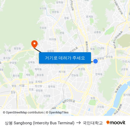 상봉 Sangbong (Intercity Bus Terminal) to 국민대학교 map
