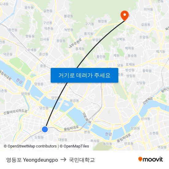 영등포 Yeongdeungpo to 국민대학교 map