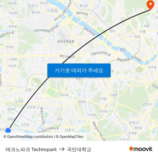 테크노파크 Technopark to 국민대학교 map