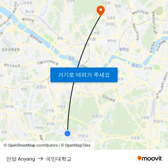 안양 Anyang to 국민대학교 map