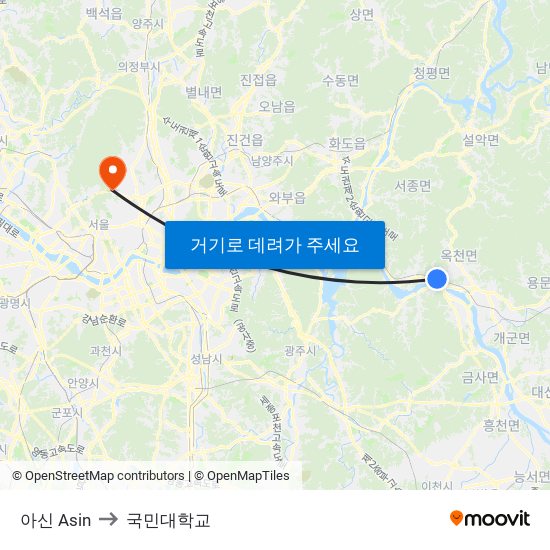 아신 Asin to 국민대학교 map