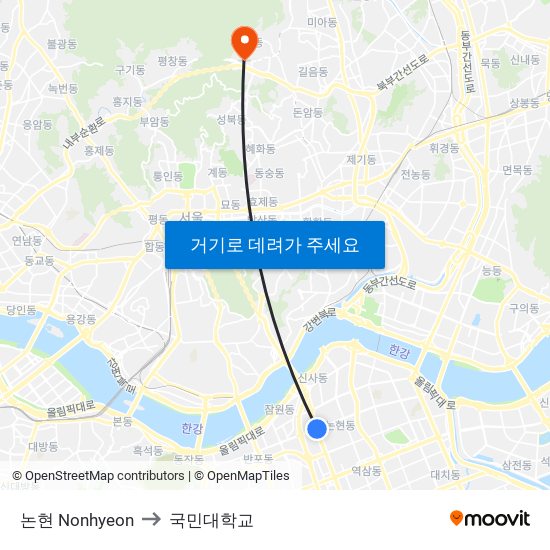 논현 Nonhyeon to 국민대학교 map