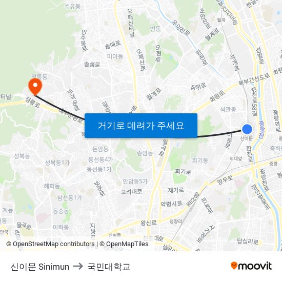 신이문 Sinimun to 국민대학교 map