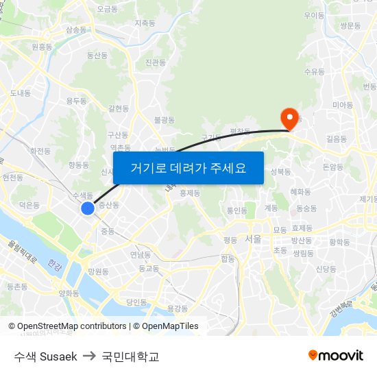 수색 Susaek to 국민대학교 map