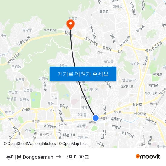 동대문 Dongdaemun to 국민대학교 map