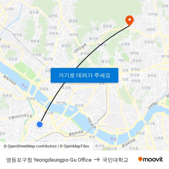 영등포구청  Yeongdeungpo-Gu Office to 국민대학교 map
