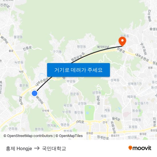 홍제 Hongje to 국민대학교 map