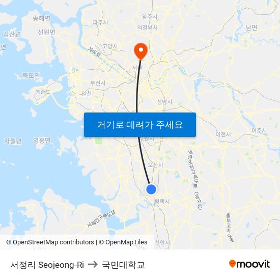 서정리 Seojeong-Ri to 국민대학교 map