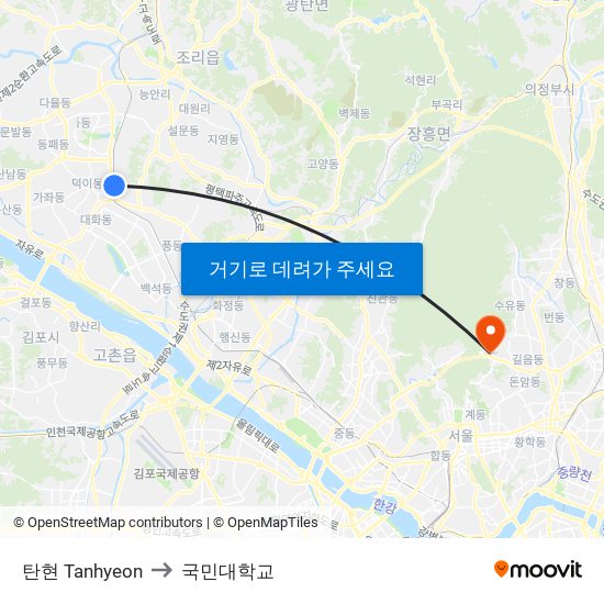 탄현 Tanhyeon to 국민대학교 map