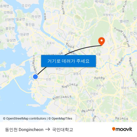 동인천 Dongincheon to 국민대학교 map