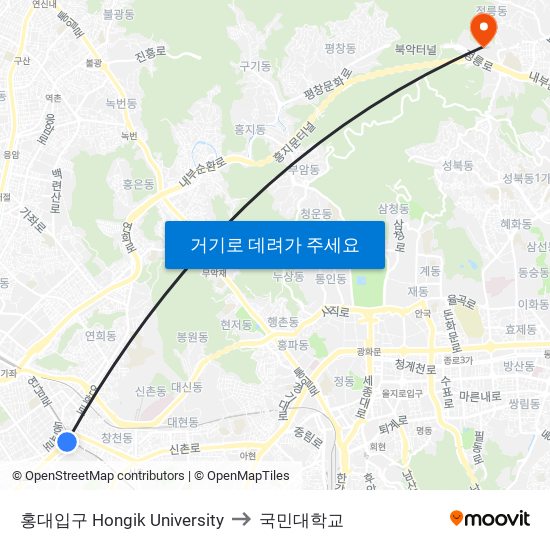 홍대입구 Hongik University to 국민대학교 map