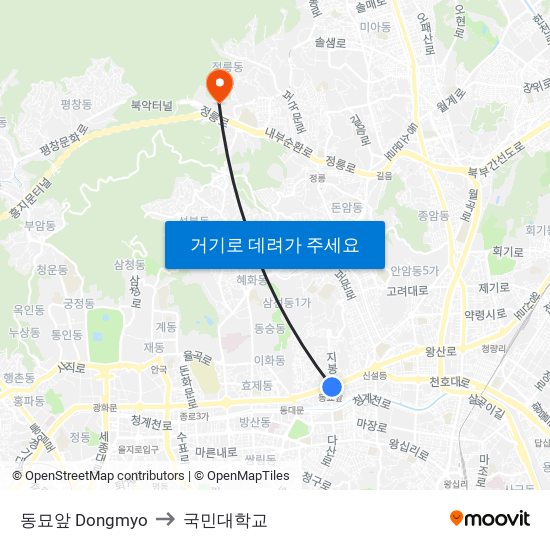 동묘앞 Dongmyo to 국민대학교 map