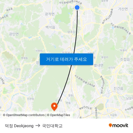 덕정 Deokjeong to 국민대학교 map