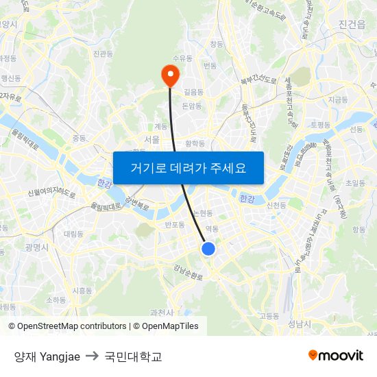 양재 Yangjae to 국민대학교 map