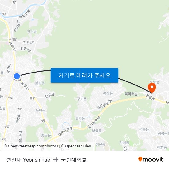연신내 Yeonsinnae to 국민대학교 map