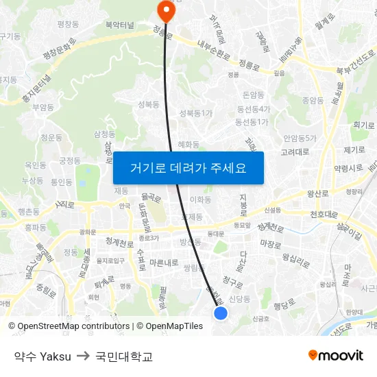 약수 Yaksu to 국민대학교 map
