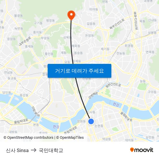 신사 Sinsa to 국민대학교 map