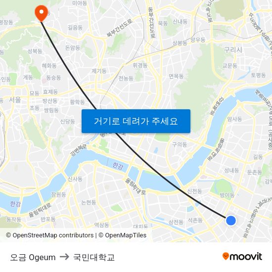 오금 Ogeum to 국민대학교 map