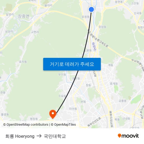 회룡 Hoeryong to 국민대학교 map