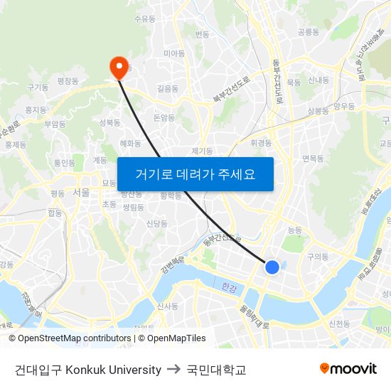 건대입구 Konkuk University to 국민대학교 map