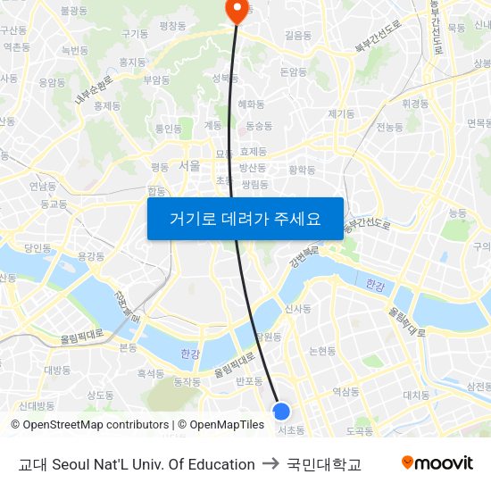 교대 Seoul Nat'L Univ. Of Education to 국민대학교 map