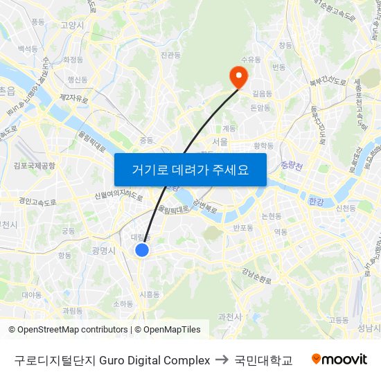 구로디지털단지 Guro Digital Complex to 국민대학교 map