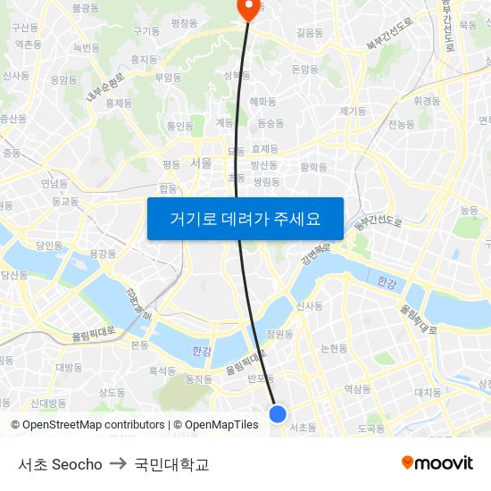 서초 Seocho to 국민대학교 map