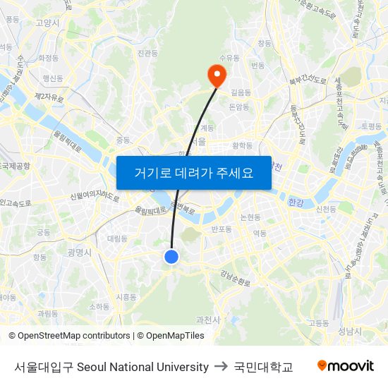 서울대입구 Seoul National University to 국민대학교 map