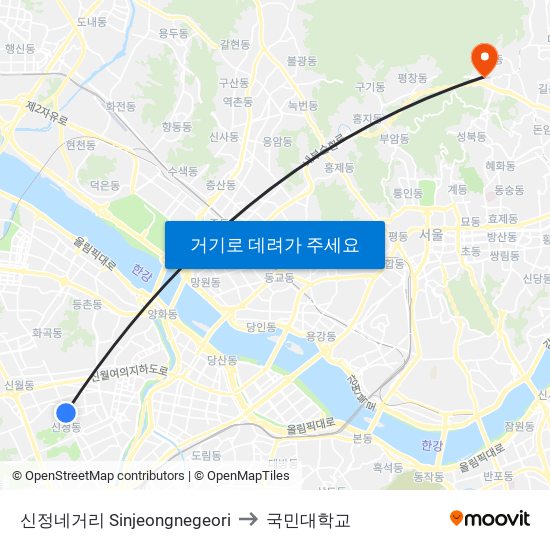 신정네거리 Sinjeongnegeori to 국민대학교 map