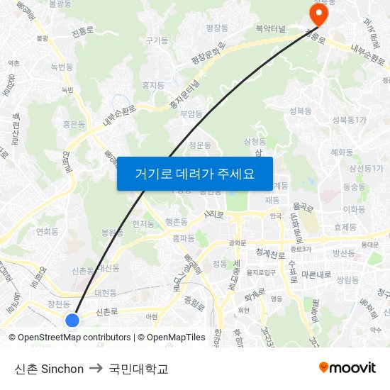 신촌 Sinchon to 국민대학교 map