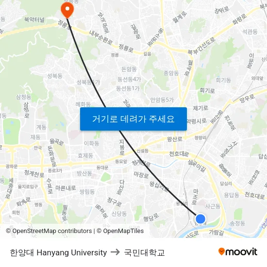 한양대 Hanyang University to 국민대학교 map