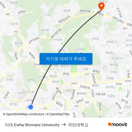 이대 Ewha Womans University to 국민대학교 map