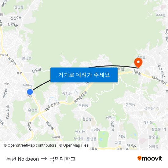 녹번 Nokbeon to 국민대학교 map