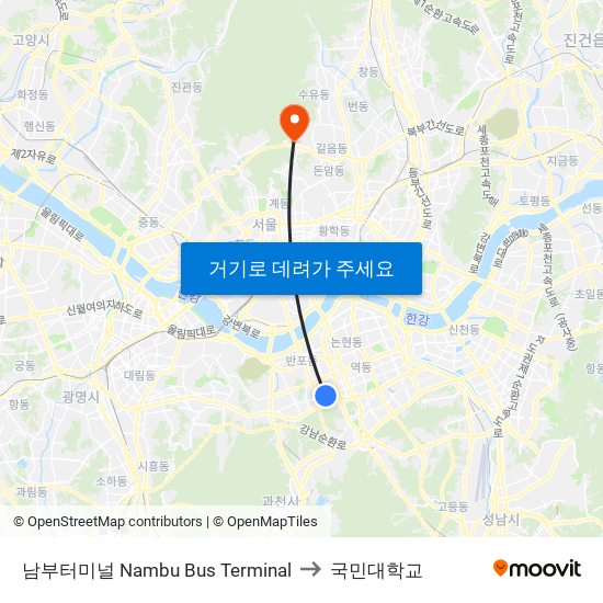 남부터미널 Nambu Bus Terminal to 국민대학교 map