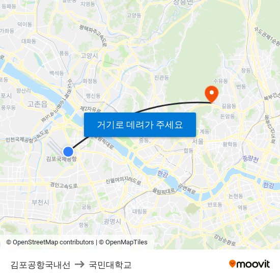 김포공항국내선 to 국민대학교 map