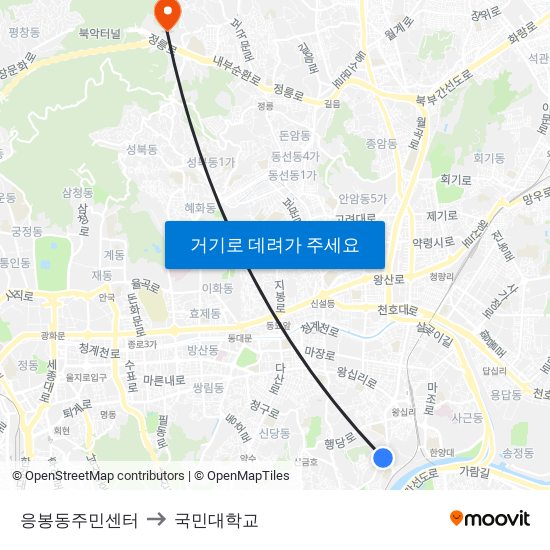 응봉동주민센터 to 국민대학교 map
