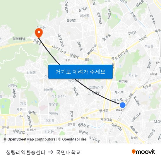 청량리역환승센터 to 국민대학교 map