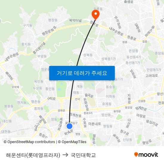 해운센타(롯데영프라자) to 국민대학교 map
