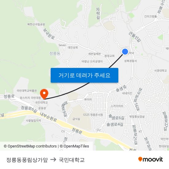 정릉동풍림상가앞 to 국민대학교 map