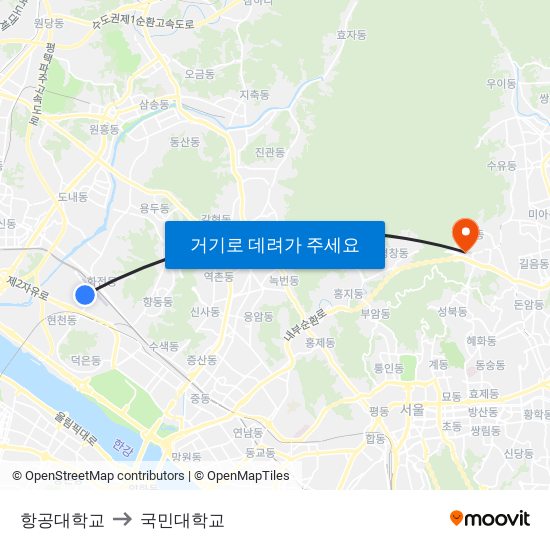 항공대학교 to 국민대학교 map