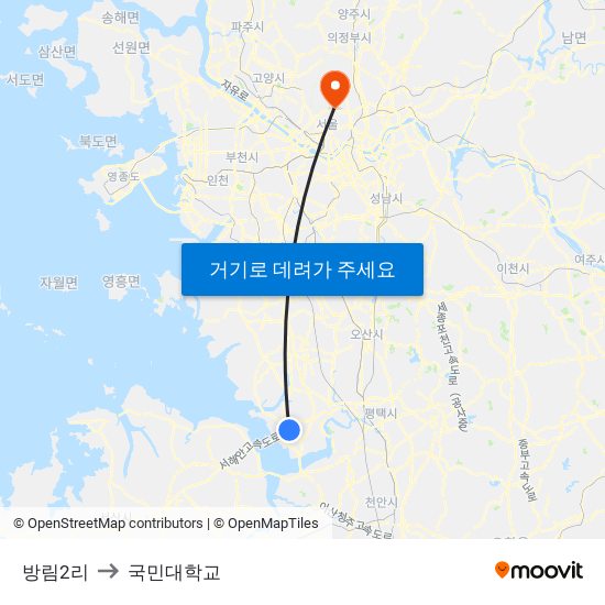 방림2리 to 국민대학교 map