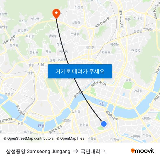 삼성중앙 Samseong Jungang to 국민대학교 map