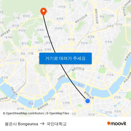 봉은사 Bongeunsa to 국민대학교 map